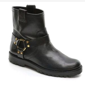 Tory Burch Black Leather Ankle Boot with Gold Hardware
